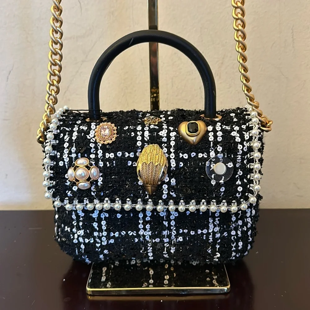 NWTGS Kurt Geiger black and white plaid bejeweled fabric handle mini Kensington! - Picture 1 of 9